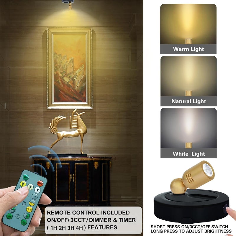 HAMVIDNE Rechargeable LED Spotlight, 3 Lighting Modes Battery Powered Indoor Spotlights with Remote, Uplighting for Trees Plants, Dimmable Timer Picture Spot Light for Wall Artwork-2Pack - Image 2